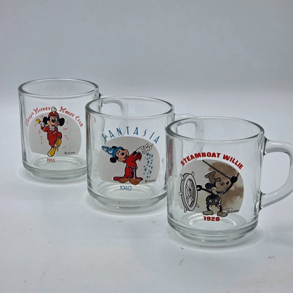 Anchor Hocking Disney Mickey‎ Mouse Coffee Mugs  Lot of 3 Clear Glass Vintage
